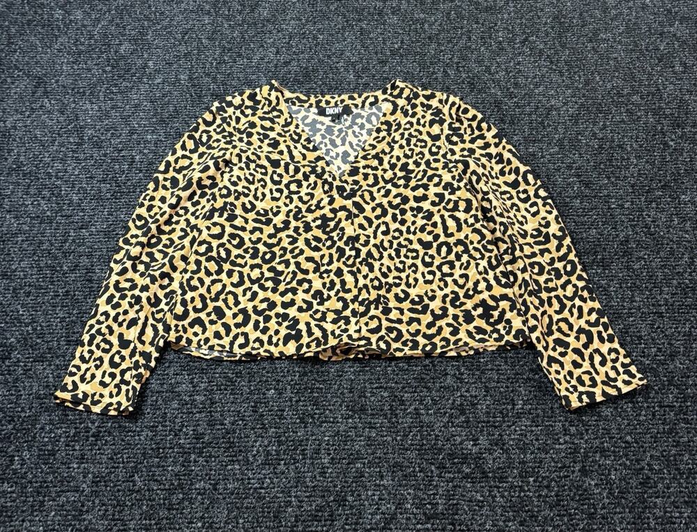DKNY Women’s Leopard Animal Print V-Neck Long Sleeve Blouse Size L Tan/Black